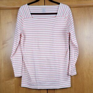 L.L. Bean Supima Cotton Peach White Striped Long Sleeve Square Neck Top - L